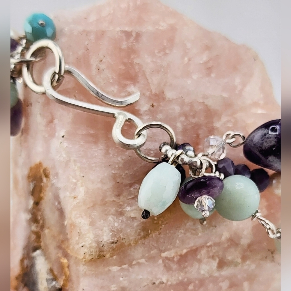 AMETHYST, AMAZONITE & PEARLS HANDMADE BRACELET IN STERLING SILVER APPRX 8 INCHES - Picture 10 of 10